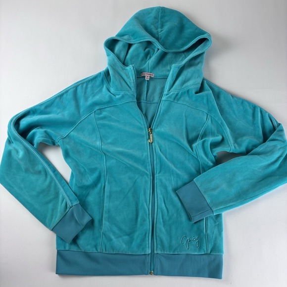 Juicy Couture Tops - Juicy Couture Teal Velour Zip‎ Up Hoodie Jacket Women's Medium Rhinestone Logo